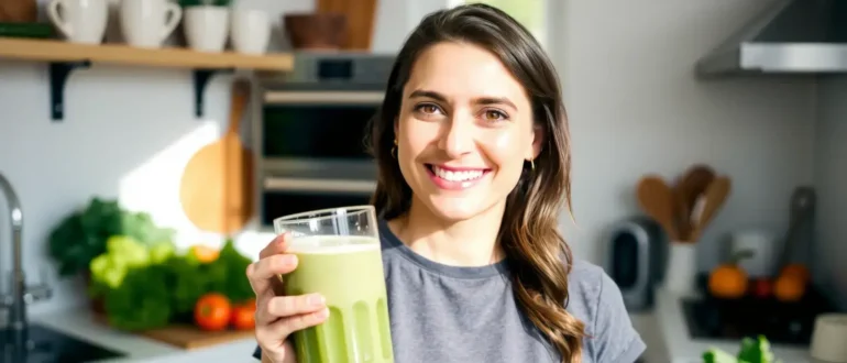 A woman smiling confidently while holding a healthy green smoothie in a bright, sunlit kitchen, surrounded by fresh vegetables and fruits, conveying wellness and vitality