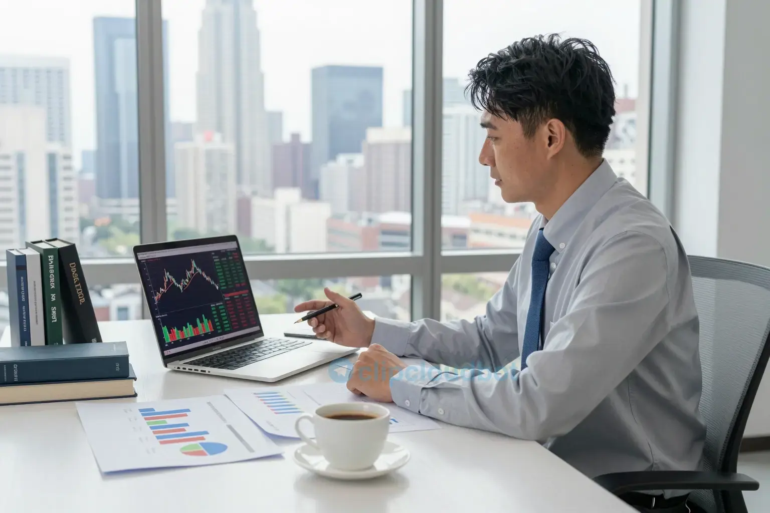 A professional financial advisor sitting at a modern desk with charts, graphs, and a laptop displaying stock market data, surrounded by books on investing and a cup of coffee, in a bright office with large windows showing a city skyline, conveying trust, expertise, and long-term wealth building through securities investment