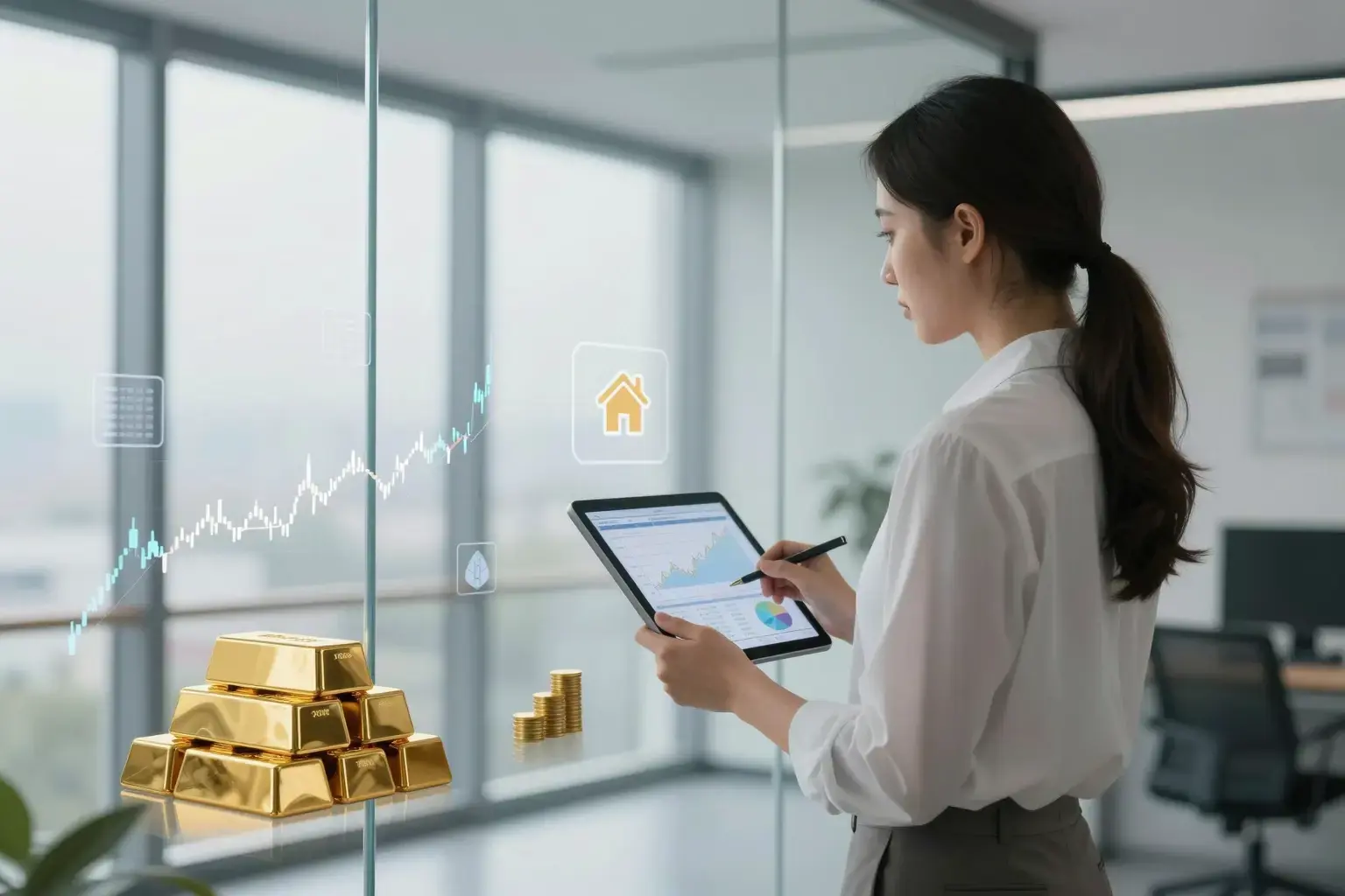 A professional financial advisor standing in a modern office with glass walls, holding a tablet displaying investment charts and graphs, surrounded by subtle visual elements representing diversified assets: gold bars, stock market ticker symbols, real estate icons, and bonds, all rendered in a clean, sophisticated style with soft natural lighting and a calm color palette of blues, grays, and gold accents