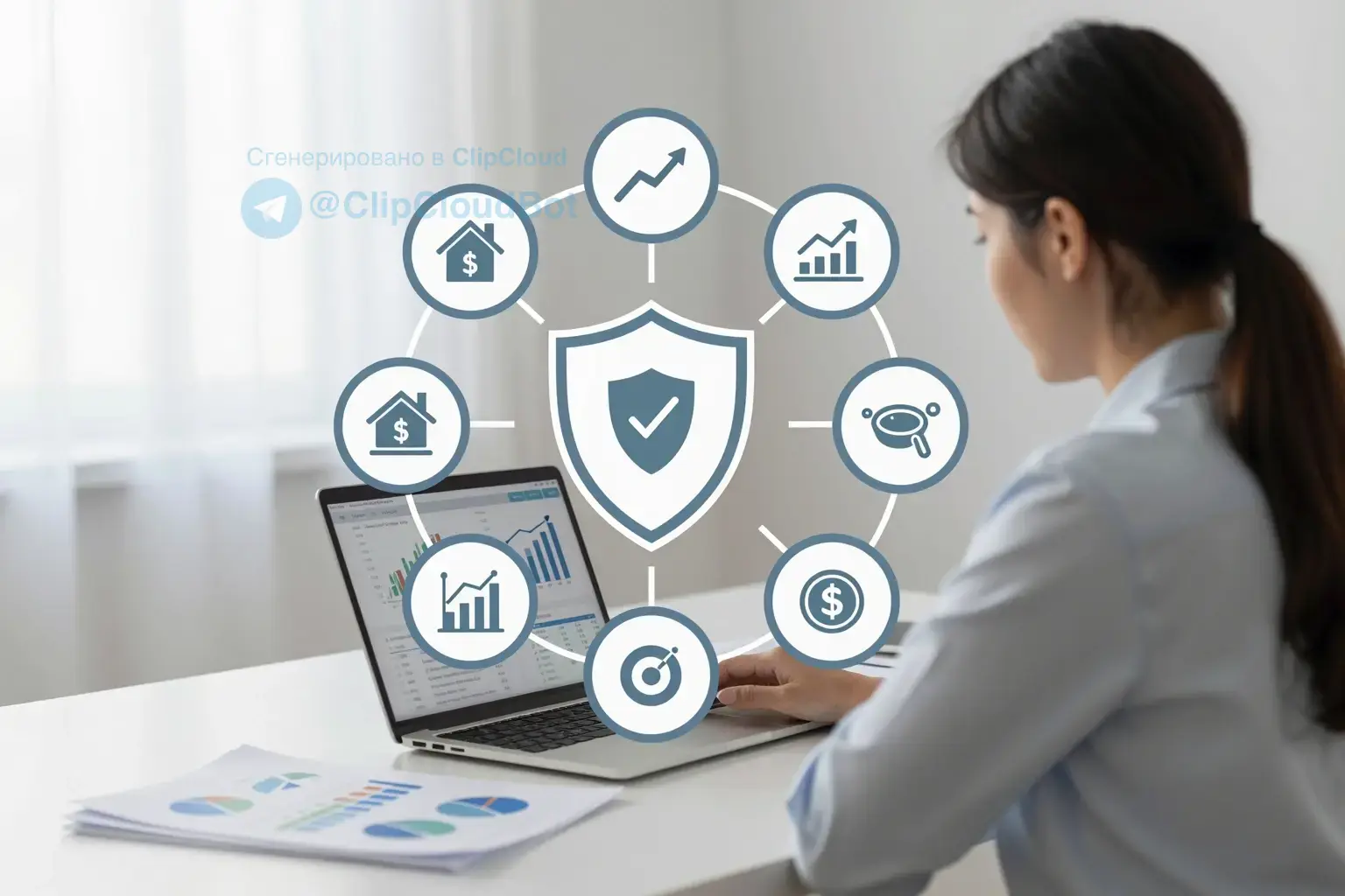 A professional financial advisor sitting at a modern desk with charts and graphs on a laptop screen, surrounded by icons representing different investment tools (stocks, bonds, real estate, mutual funds, crypto) arranged in a balanced, circular layout, with a shield symbol overlaying the scene to represent risk management, soft natural lighting, clean and trustworthy atmosphere