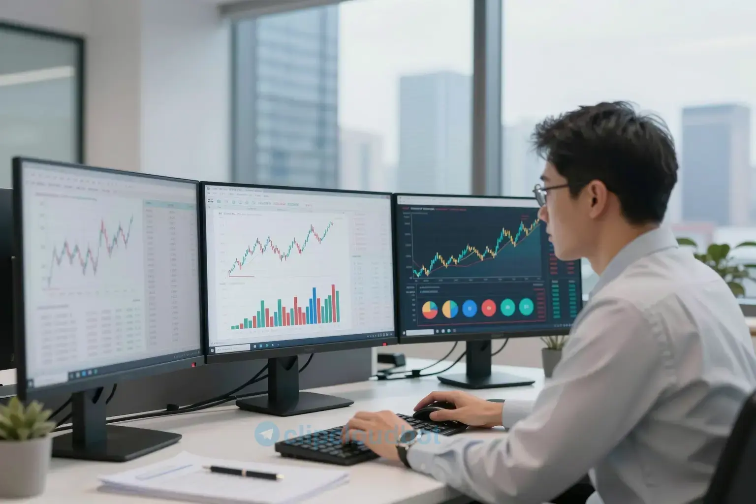 A professional financial analyst in a modern office, reviewing investment portfolios on multiple screens displaying charts, graphs, and hedge fund performance data, with a subtle background of global financial district skylines and abstract representations of capital growth, conveying strategic wealth building through sophisticated investment tools