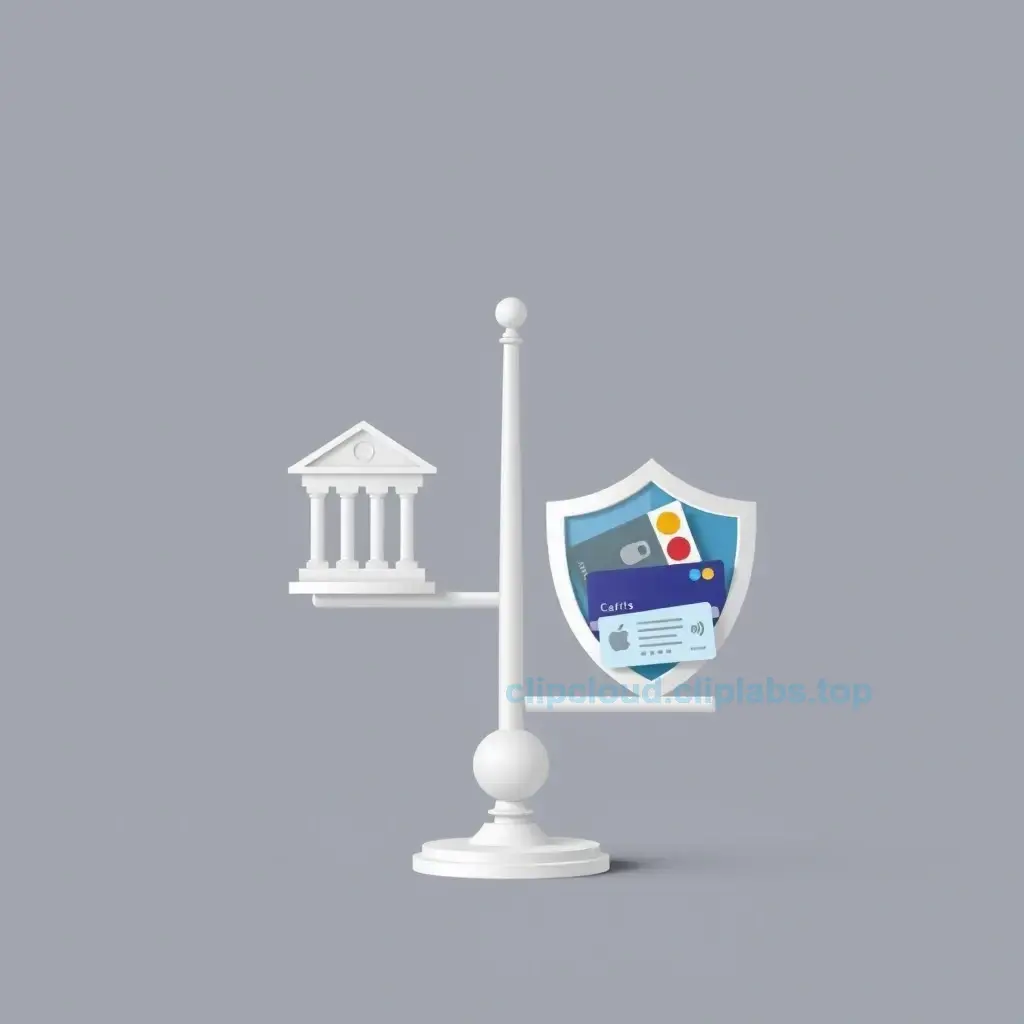 A modern financial security concept showing a balance scale with a bank building on one side and a shield made of credit cards and loan documents on the other, symbolizing assets and liabilities, clean vector style, neutral professional colors