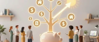 A modern, professional illustration showing a diverse group of people (different ages, genders, ethnicities) standing in front of a large, glowing financial growth chart made of interconnected icons: stocks, bonds, real estate, mutual funds, and cryptocurrency symbols, all rising upward like a tree with roots in a piggy bank and branches reaching toward a golden sunrise. The background is a clean, minimalist office or home study with subtle financial books and a laptop displaying analytics. Warm