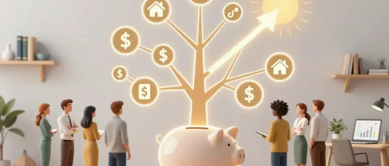 A modern, professional illustration showing a diverse group of people (different ages, genders, ethnicities) standing in front of a large, glowing financial growth chart made of interconnected icons: stocks, bonds, real estate, mutual funds, and cryptocurrency symbols, all rising upward like a tree with roots in a piggy bank and branches reaching toward a golden sunrise. The background is a clean, minimalist office or home study with subtle financial books and a laptop displaying analytics. Warm