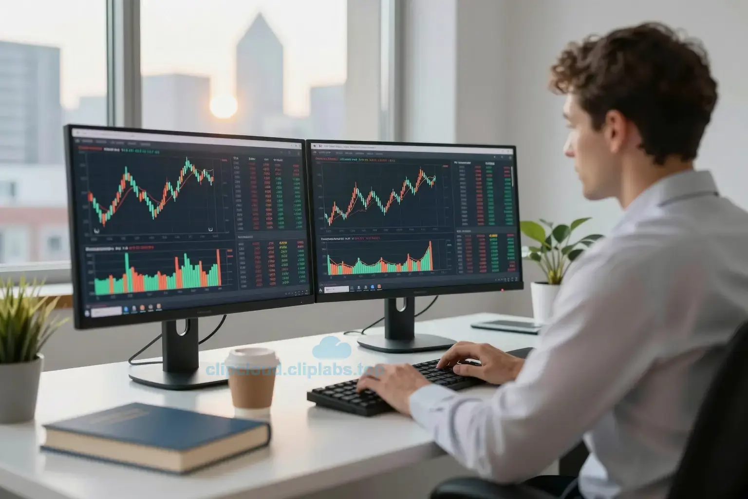 A modern financial analyst sitting at a desk with multiple computer screens displaying stock market charts, candlestick graphs, and portfolio analytics, surrounded by books on investing, a coffee cup, and a plant, in a bright, professional office environment with large windows showing a city skyline at golden hour
