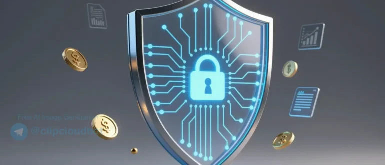 A modern financial shield made of transparent glass panels with glowing blue circuitry patterns, symbolizing protection and security, surrounded by subtle floating icons of coins, graphs, and insurance documents, soft ambient lighting, high detail, no text or numbers visible