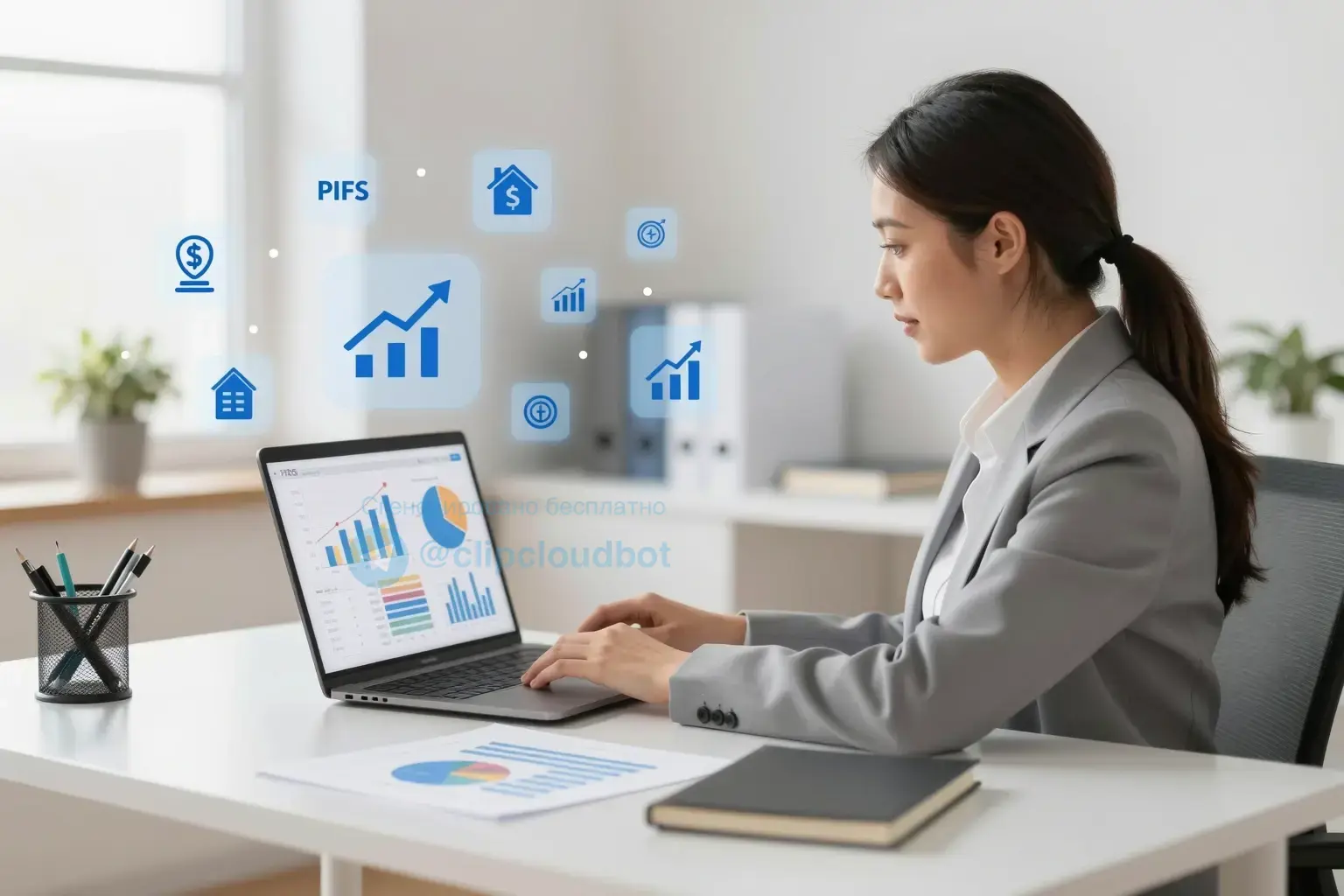 A professional financial advisor sitting at a modern desk with charts and graphs on a laptop screen, surrounded by icons representing mutual funds (PIFs), growth arrows, and abstract symbols of capital accumulation, in a clean, trustworthy office environment with soft natural lighting