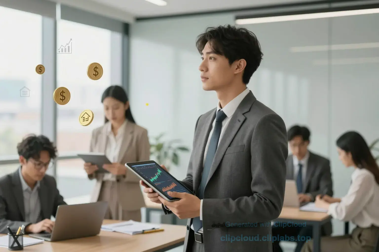 A professional financial advisor standing in a modern office with glass walls, holding a tablet displaying investment charts and graphs, surrounded by subtle icons of stocks, bonds, real estate, and gold coins floating gently in the air, warm natural lighting, calm and trustworthy atmosphere, diverse adult figures in the background reviewing portfolios, no text or numbers visible