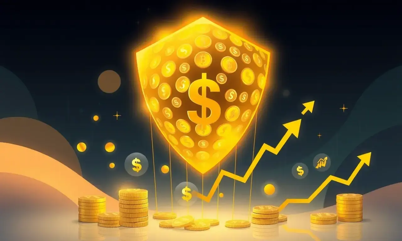 A professional illustration of a financial safety net concept showing a glowing golden shield made of coins and financial icons like upward arrows and charts, surrounded by subtle abstract representations of savings and investment growth, with a clean modern background and soft lighting