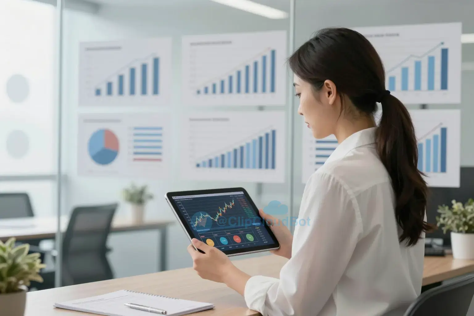 A professional financial advisor in a modern office setting, holding a tablet displaying investment charts, surrounded by sleek financial graphs and charts on glass walls, soft natural lighting, subtle abstract shapes representing growth and stability, no text or numbers visible
