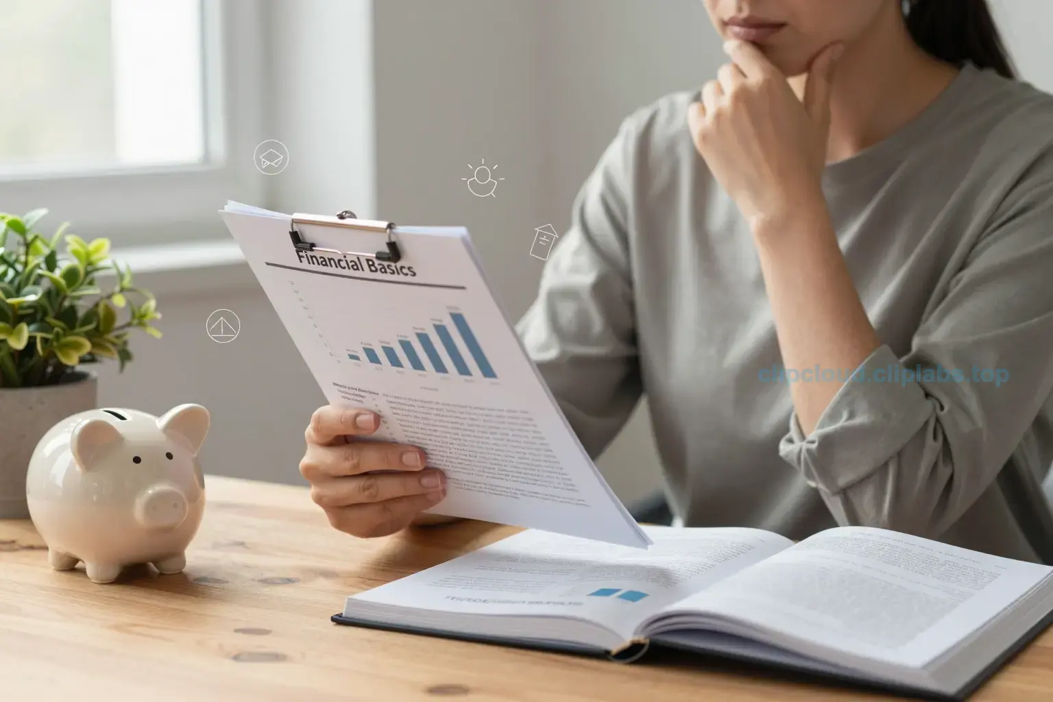 A thoughtful adult person sitting at a wooden desk with soft natural light from a window, holding a financial report in one hand and gently touching their chin with the other, surrounded by subtle symbols of financial stability — a small potted plant, a piggy bank, and an open book titled 'Financial Basics' — all rendered in a calm, realistic style with warm tones and shallow depth of field