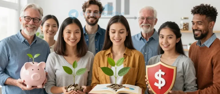 A diverse group of people of different ages and ethnicities standing together in a bright, modern office or home setting, holding symbols of financial wellness such as piggy banks, growing plants with coins as leaves, open books with charts, and a shield with a dollar sign, representing security and growth; warm natural lighting, clean background with subtle financial icons like upward graphs and savings jars softly blurred in the distance