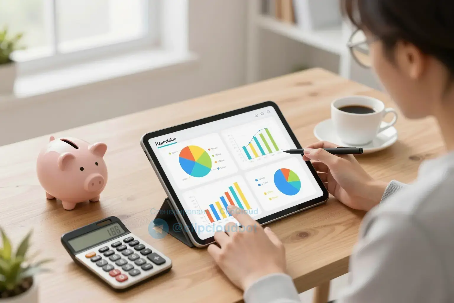 A modern, clean illustration of a person sitting at a wooden desk reviewing a colorful financial plan on a tablet, with charts, graphs, piggy bank, calculator, and a coffee cup nearby, soft natural light from a window, minimalist office background, warm and inviting atmosphere