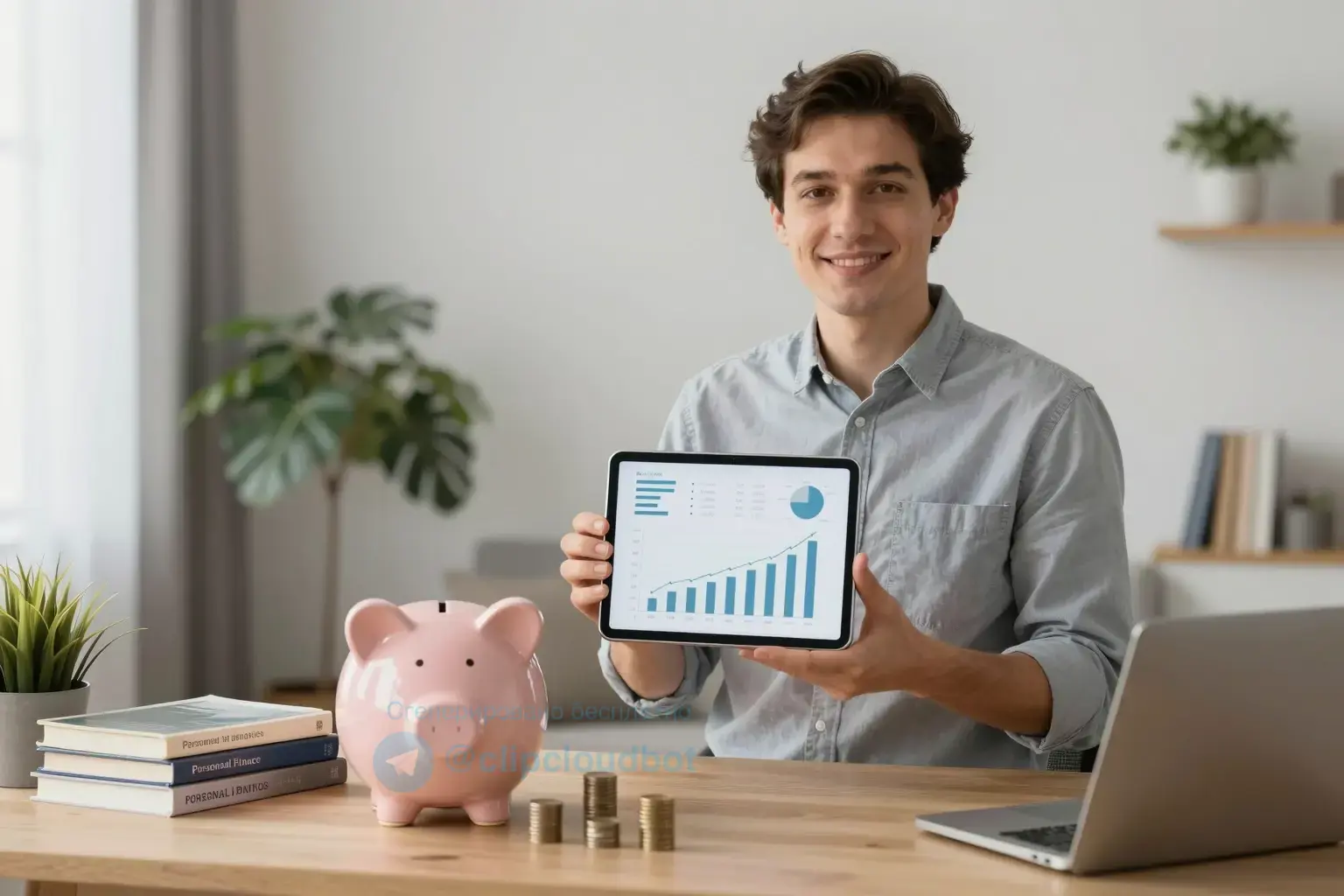 A confident adult person standing in a modern home office, holding a tablet displaying financial charts and graphs, surrounded by subtle symbols of wealth like a growing piggy bank, a stack of books on personal finance, and a small potted plant representing growth — warm natural light from a window, calm and professional atmosphere