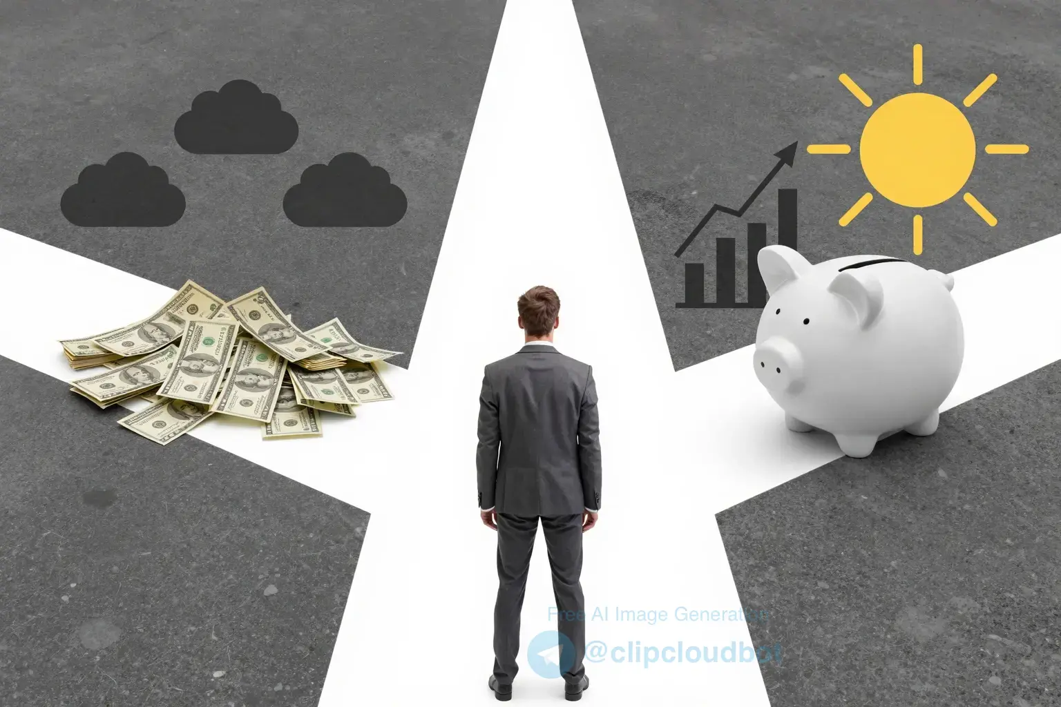 A person standing at a crossroads with one path leading to a cluttered, stressful financial situation (bills, debt symbols, dark clouds) and the other path leading to a clear, organized financial future (savings jar, growing graph, sunlight, calm expression), symbolizing the starting point for financial change, minimal text, no letters or digits visible