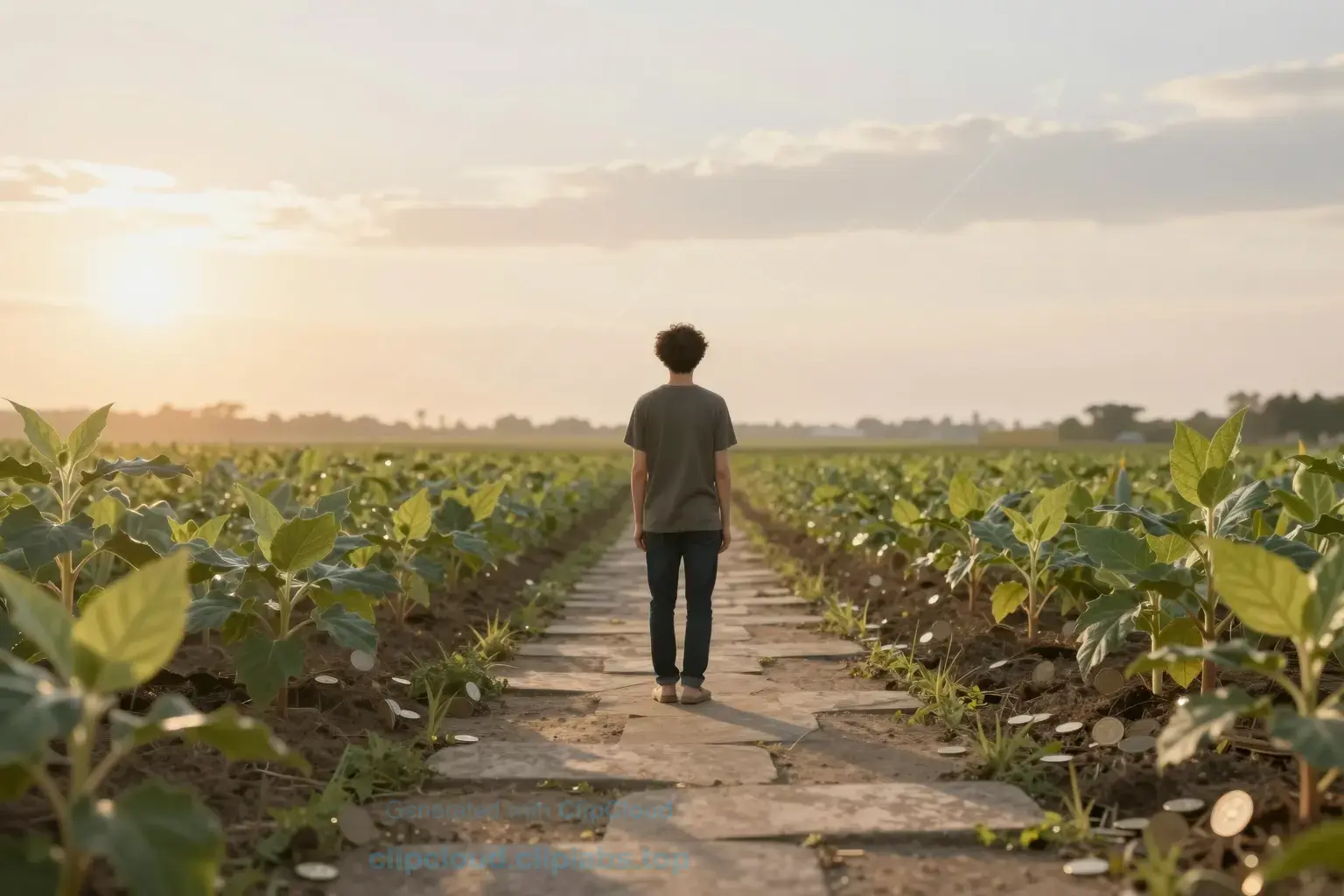 A serene and balanced visual metaphor of financial well-being: a person standing calmly on a solid stone path that transitions into a flourishing garden with growing coins as plants, soft golden sunlight, subtle upward-trending line graph woven into the sky like a horizon, no text or numbers visible, peaceful and hopeful atmosphere
