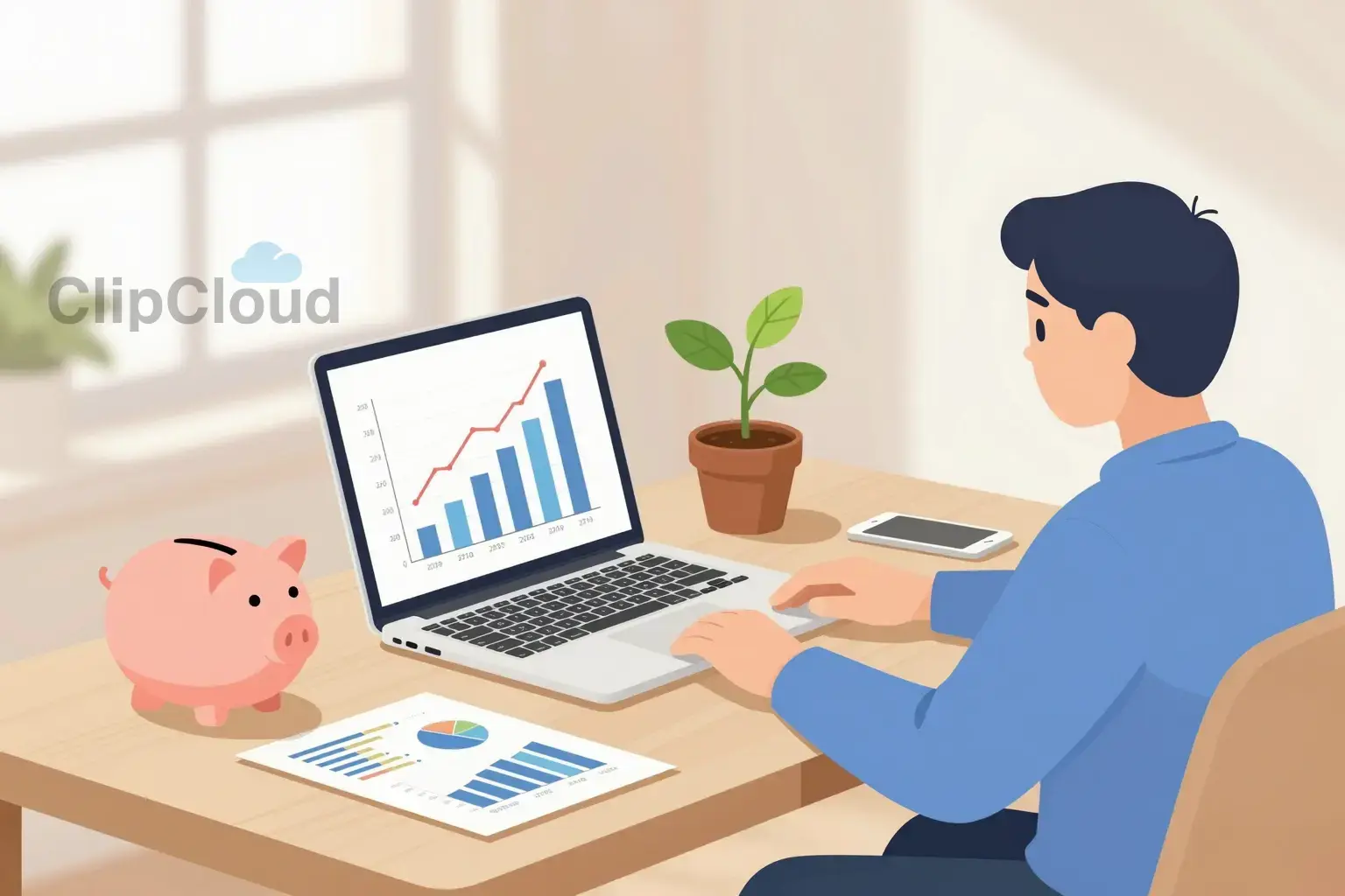A modern, clean illustration of a person sitting at a wooden desk with a laptop, financial charts, a piggy bank, and a growing plant symbolizing financial growth. Soft natural light from a window, minimalist background, warm color palette with blues and greens, conveying calm confidence and financial well-being.